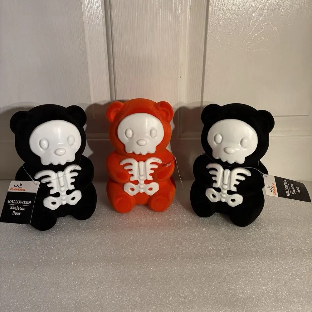 Halloween Skeleton felt Bears, 2 black and 1 orange 7 inches tall. New with Tags